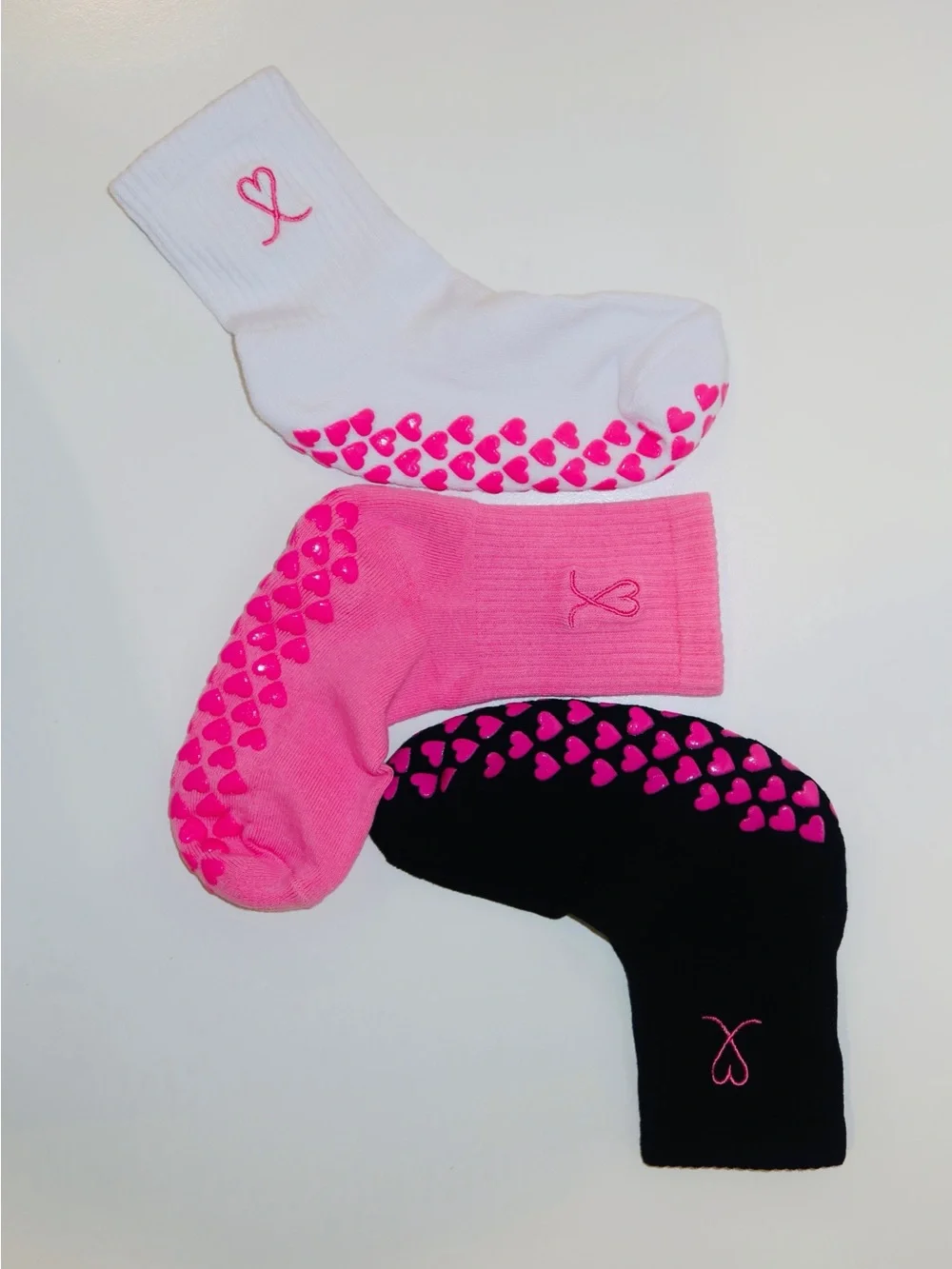 White Grip Socks with Pink Heart Pattern